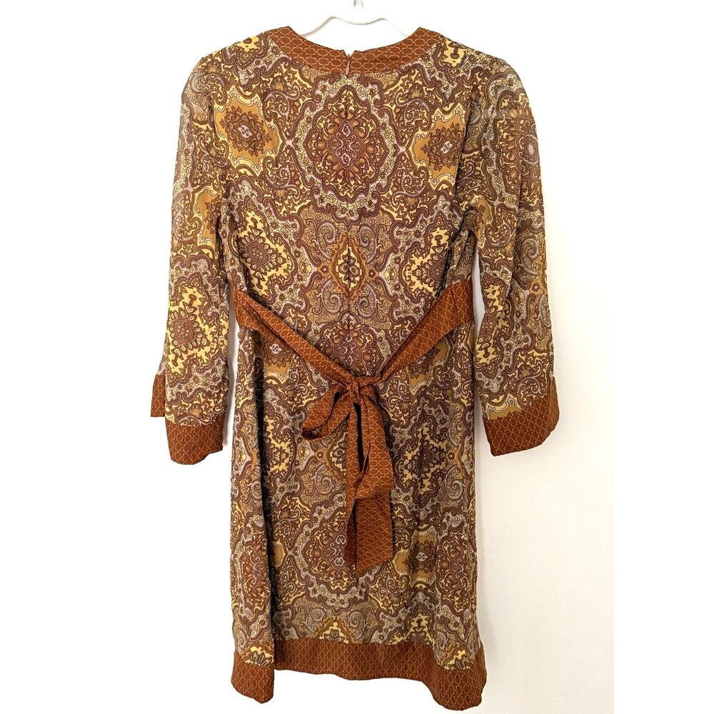 NY&Co Brown Damask Belted Dress Retro Style 3/4 Sleeves V-Neck Chic Sz S - Picture 3 of 12